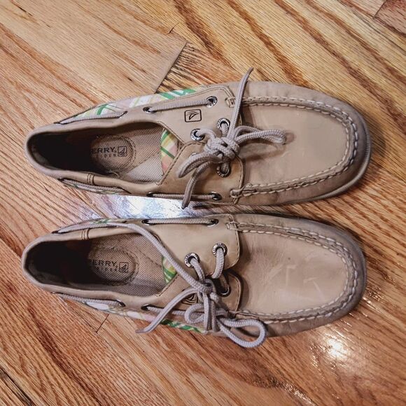 Sperry Top Sider Boat Shoes‎ Womens Size 6M Tan Leather Multicolor Plaid Loafers - Picture 1 of 7